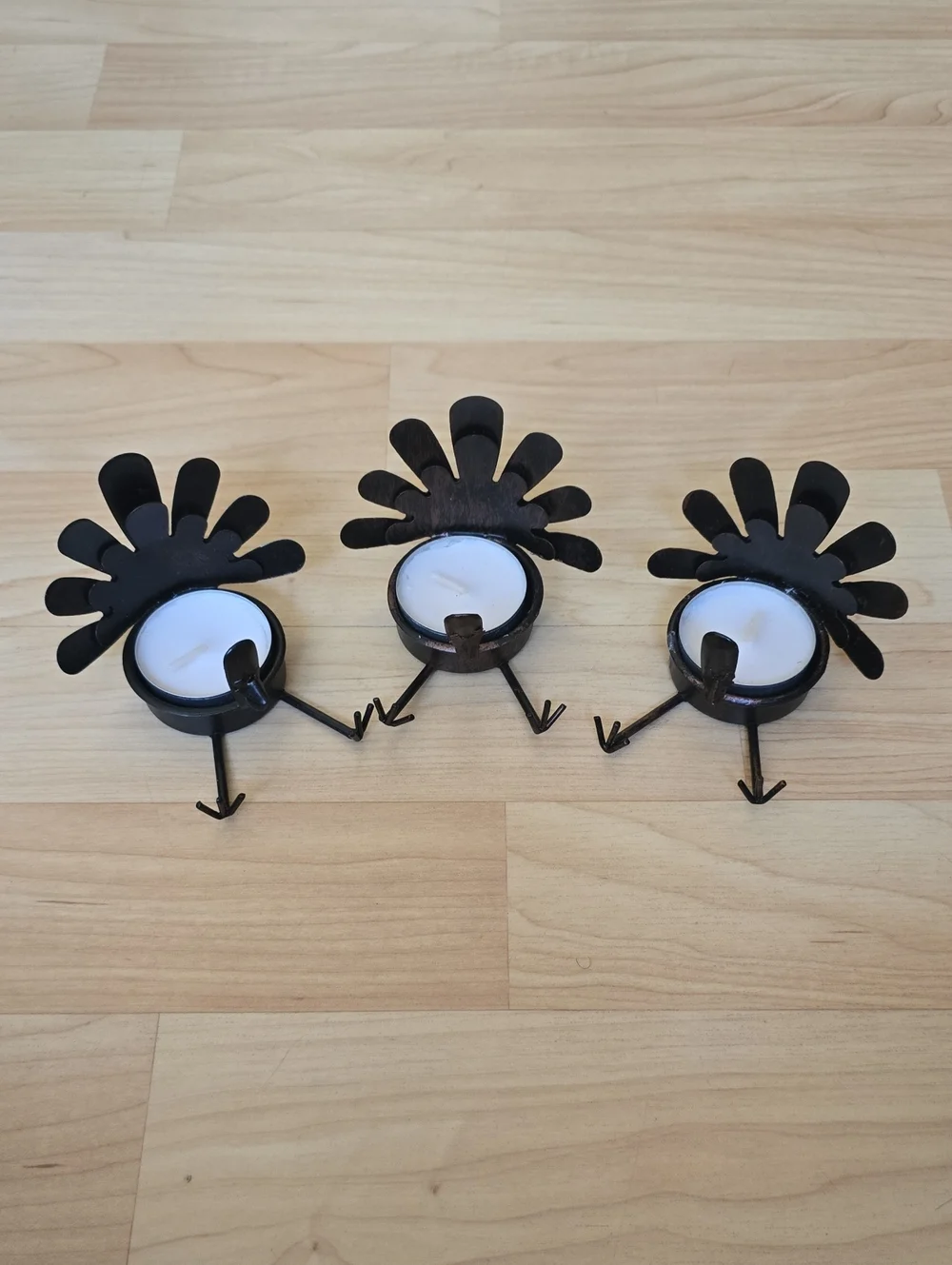 Thanksgiving Handcrafted Brown Metal Turkey Tea Light Candle Holders - Set of 3